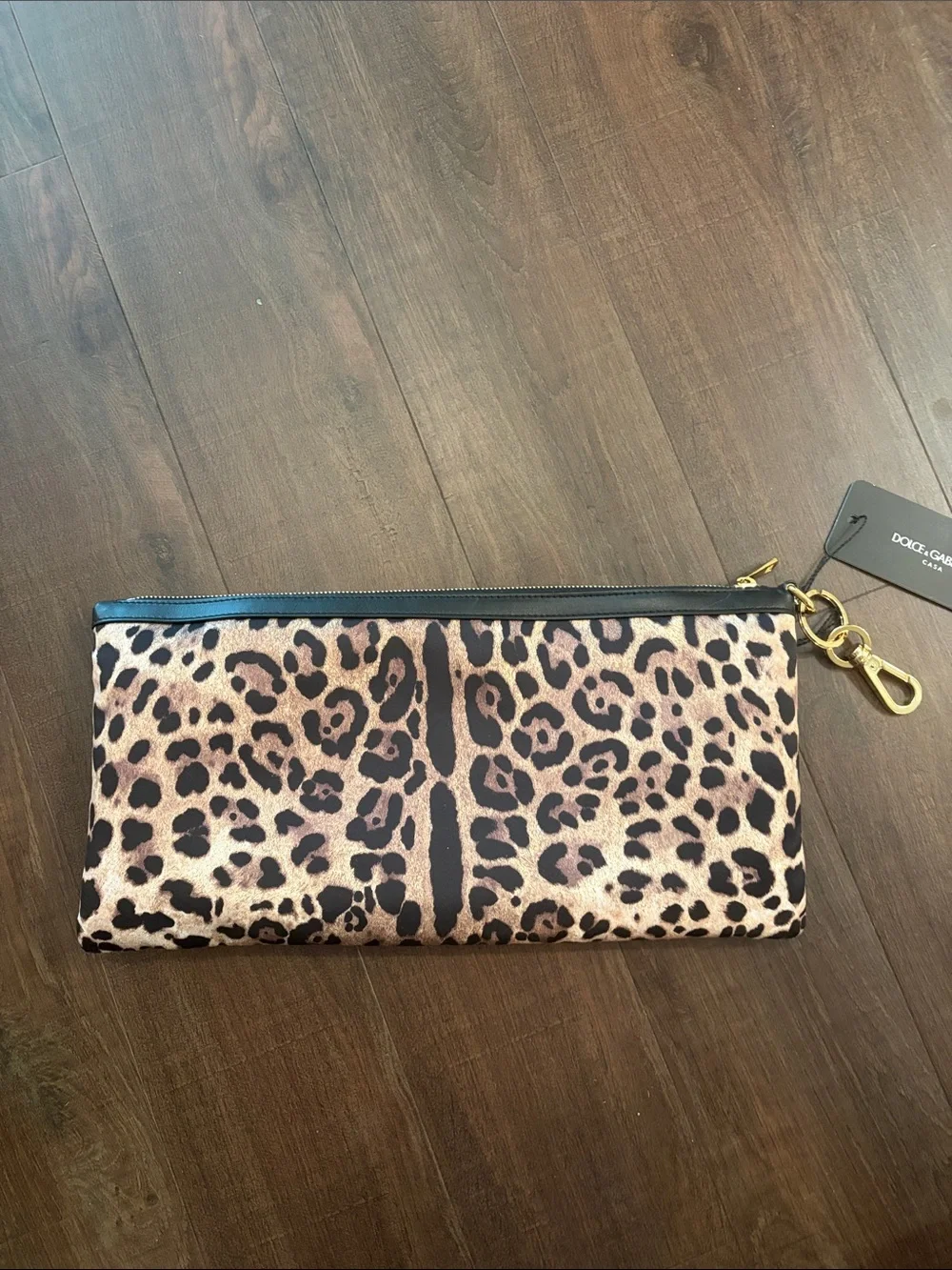 Dolce & Gabbana Leopard Print Satin Clutch in Brown and Black with Gold Hardware